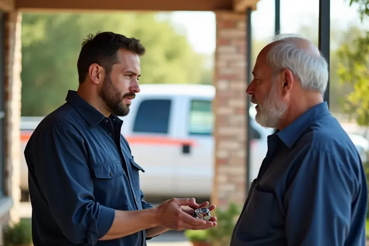 AC technician explaining an emergency repair to a homeowner on the porch of a Rio Grande City home