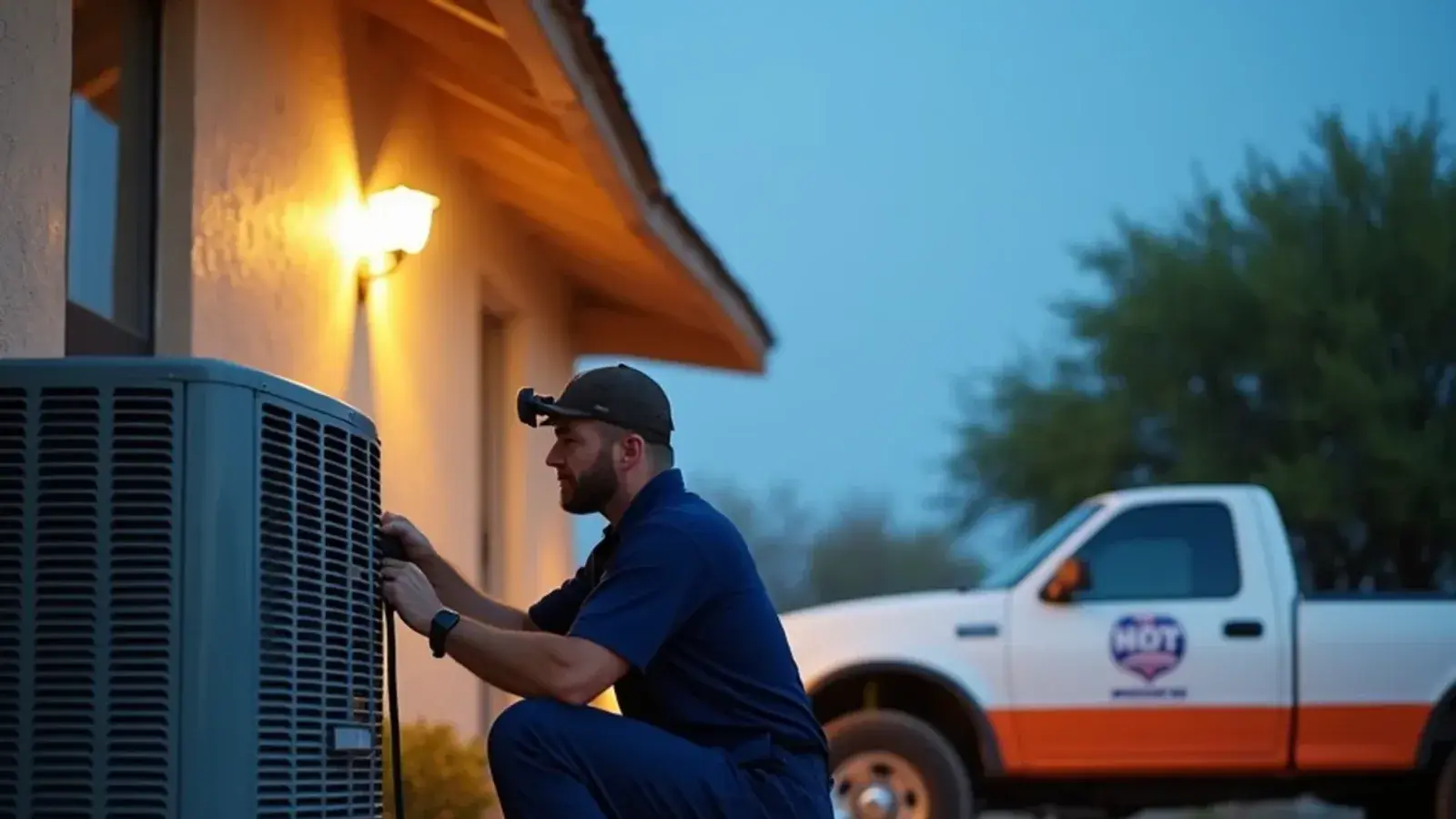 Technician with a headlamp checking an outdoor AC unit at dusk during an emergency repair in Rio Grande City, TX