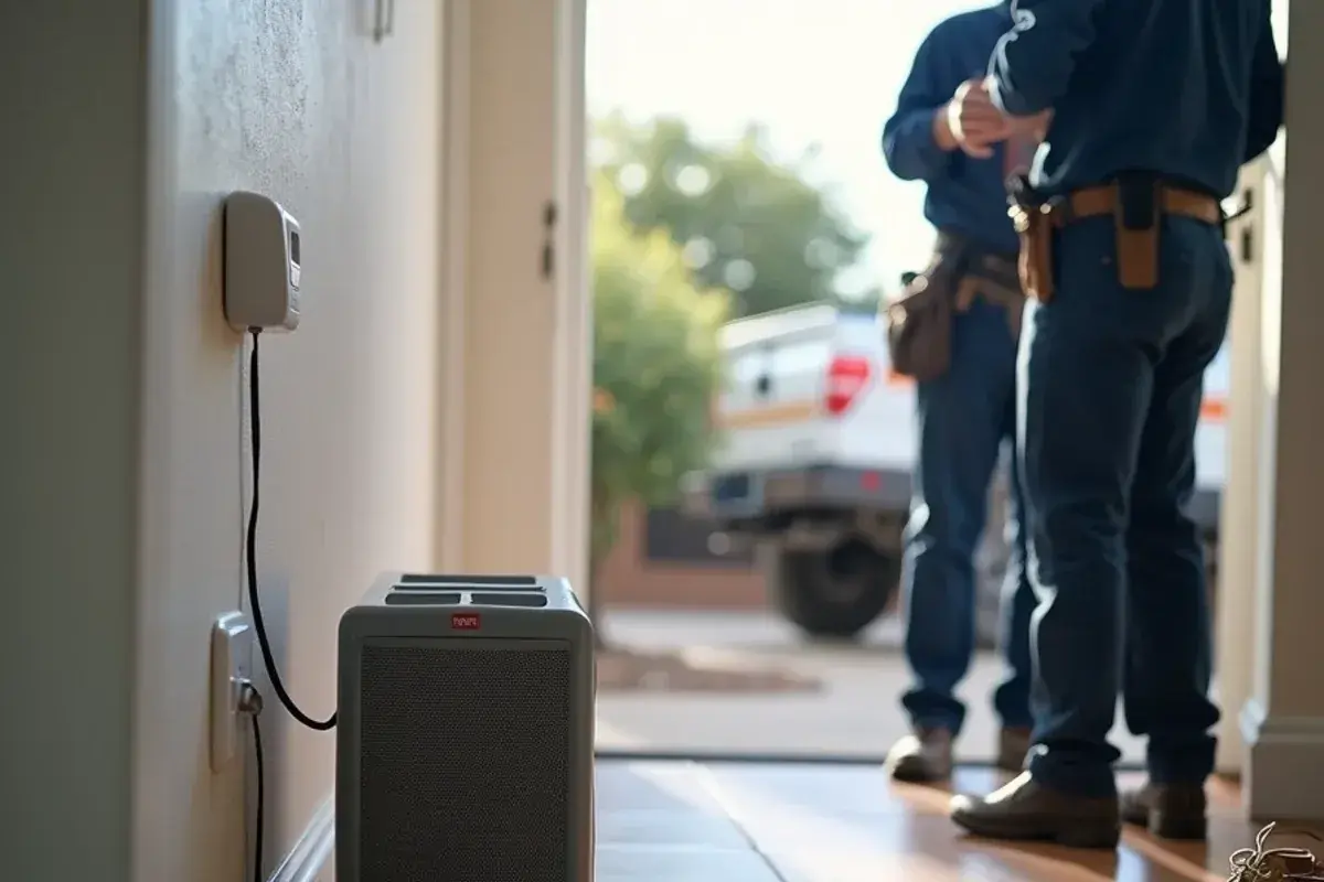 Space heater with clear space around it and a carbon monoxide alarm in a home during a winter outage