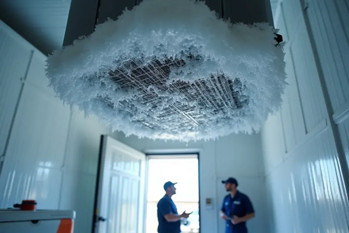 Ice-blocked evaporator coil inside a walk-in cooler that stopped cooling in Starr County