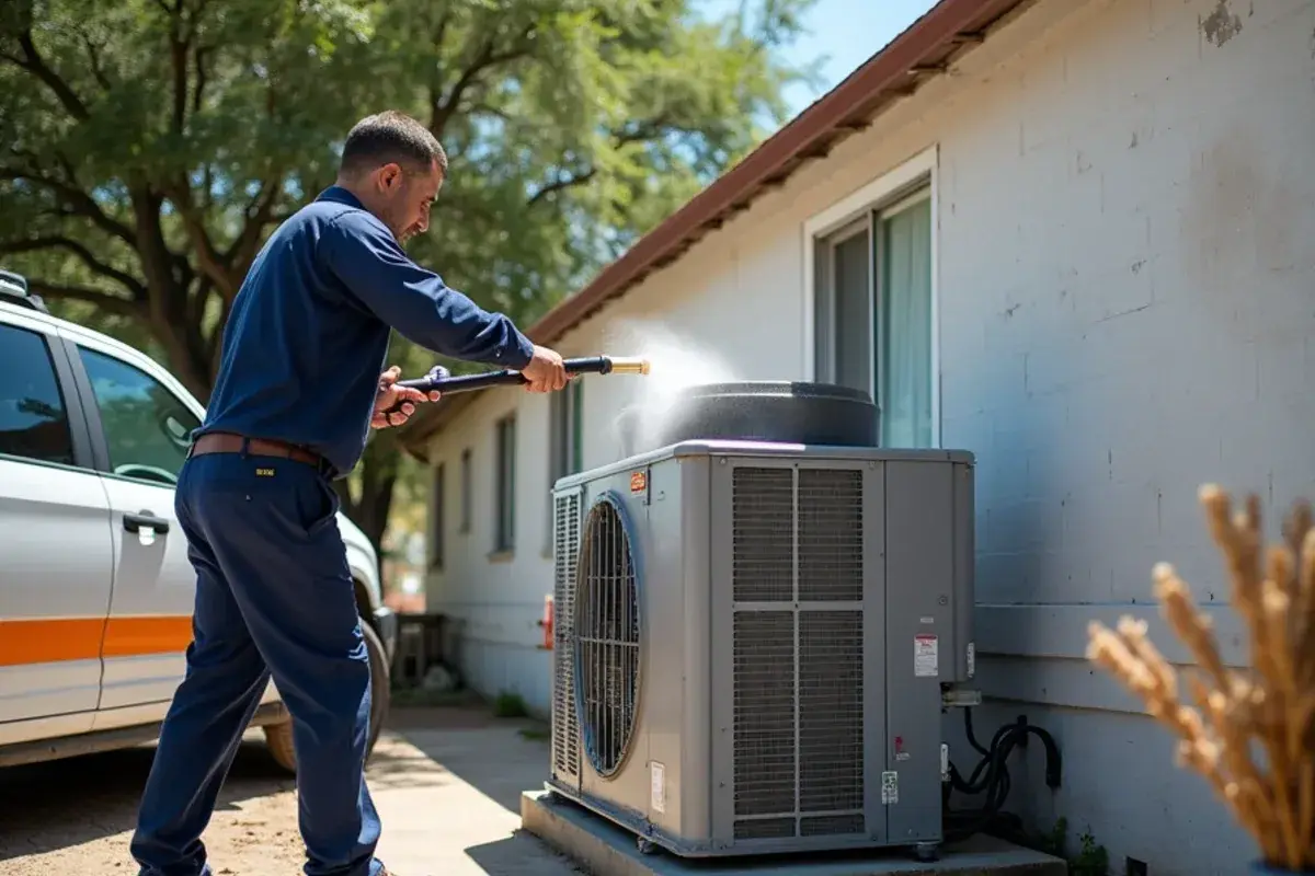 Technician cleaning a dusty condensing unit coil behind a Rio Grande City restaurant during refrigeration repair