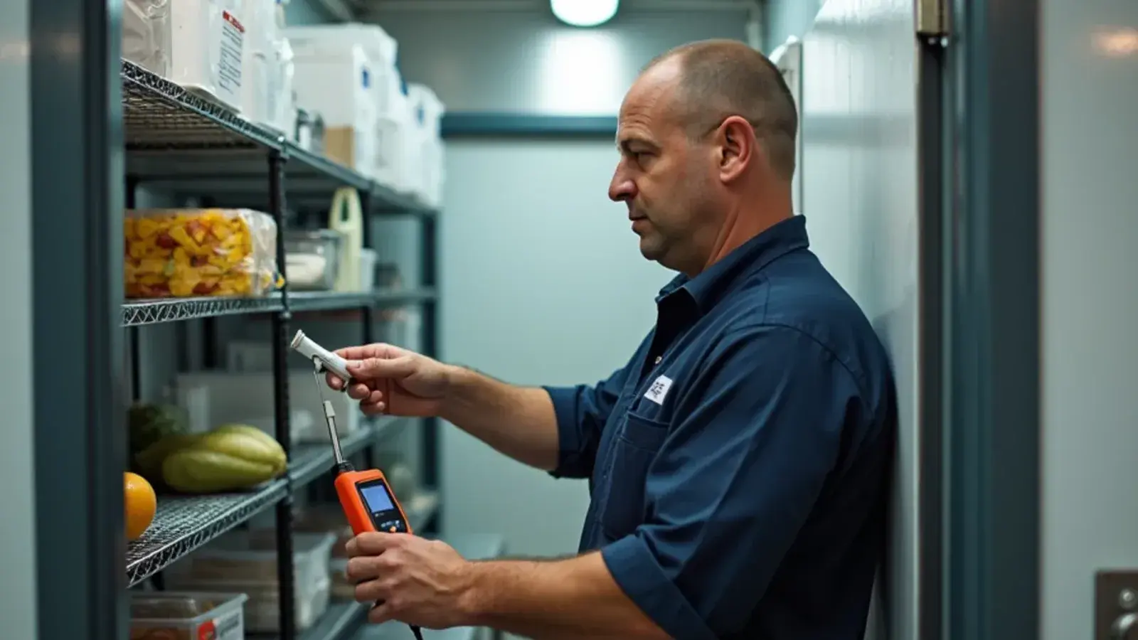 Technician reading a probe thermometer at the open door of a walk-in cooler in Rio Grande City, TX