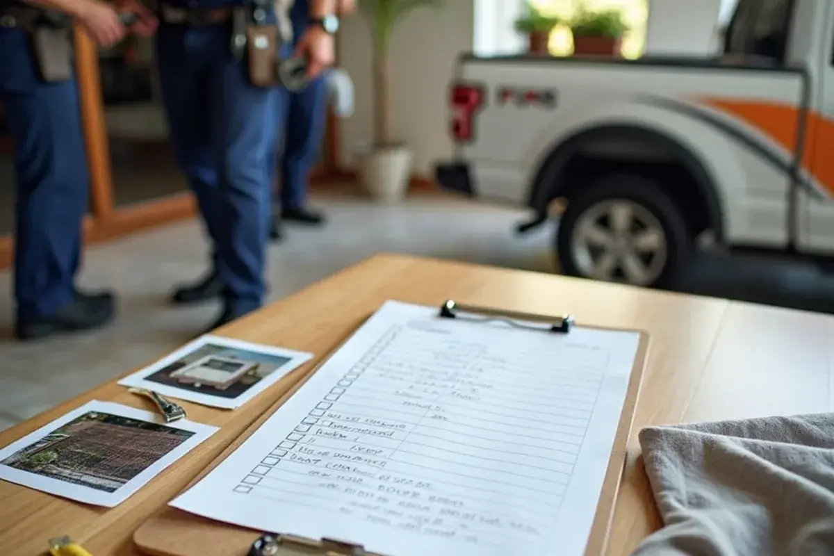 Handwritten home repair list and printed photos on a clipboard on a kitchen table