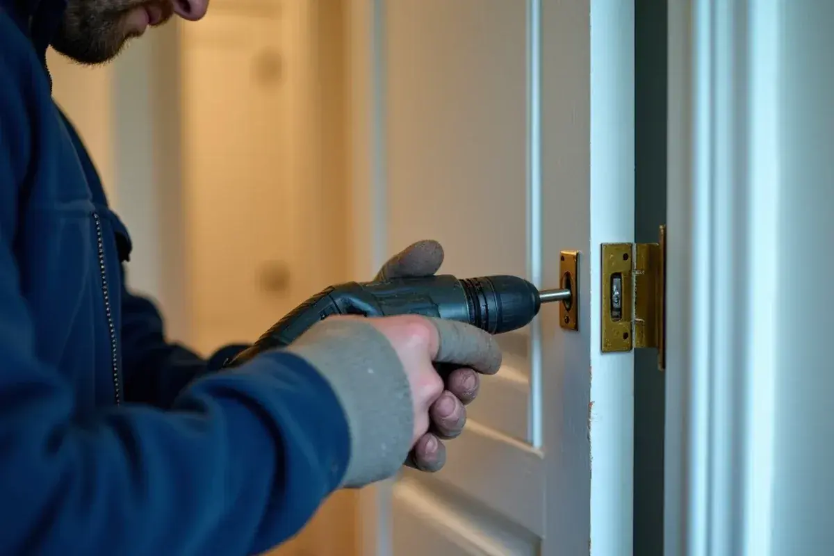 Driving longer screws into a sagging door hinge so the door closes without rubbing