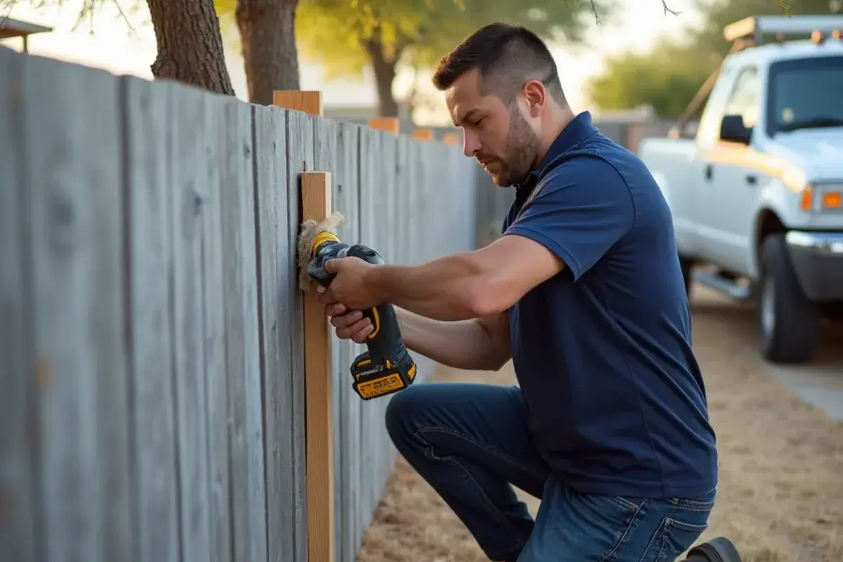 New cedar picket being fastened to a backyard wood fence in Starr County