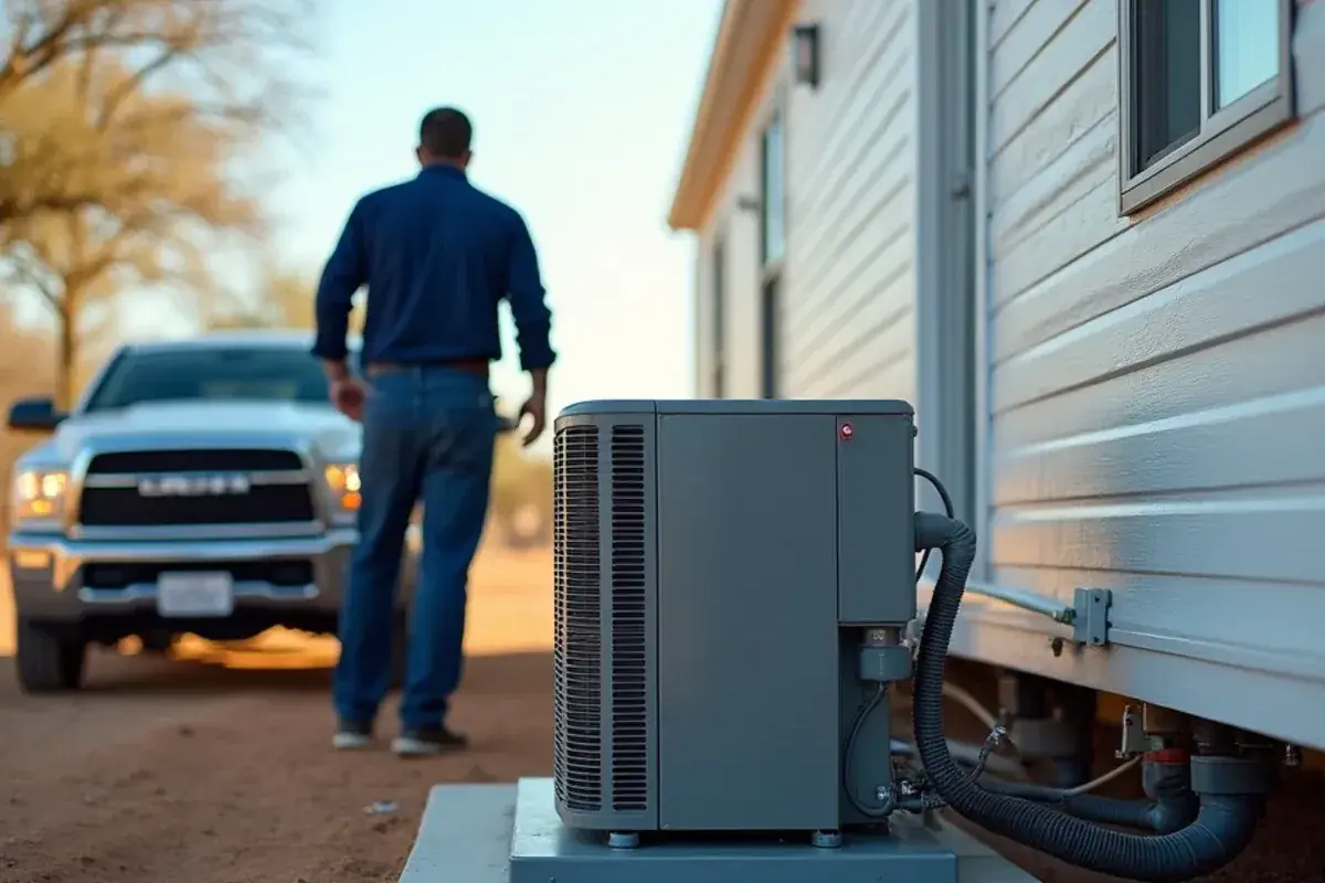 Packaged heat pump unit beside a manufactured home with ducts running under the floor