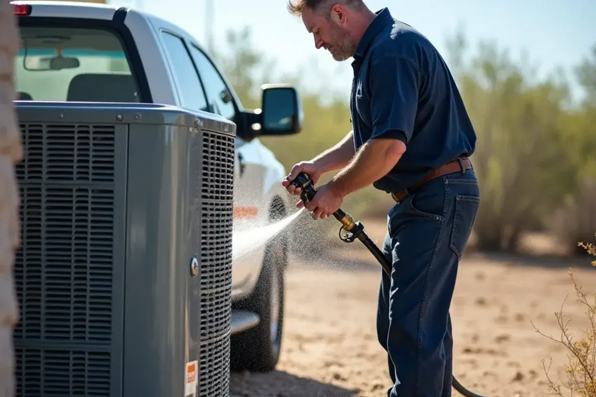 Technician rinsing caliche dust from a heat pump coil during heat pump maintenance