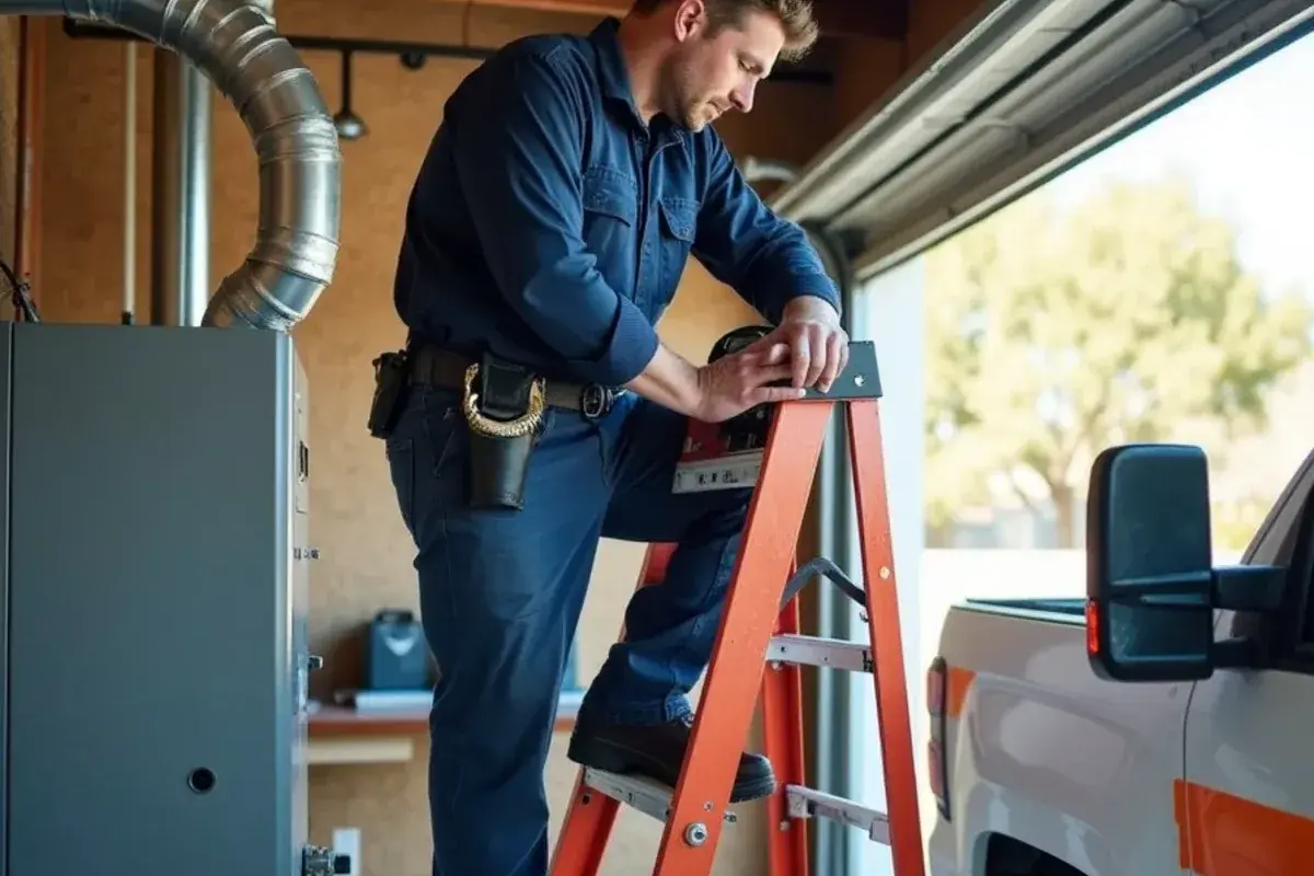 Metal flue pipe being connected to a newly installed gas furnace in a garage