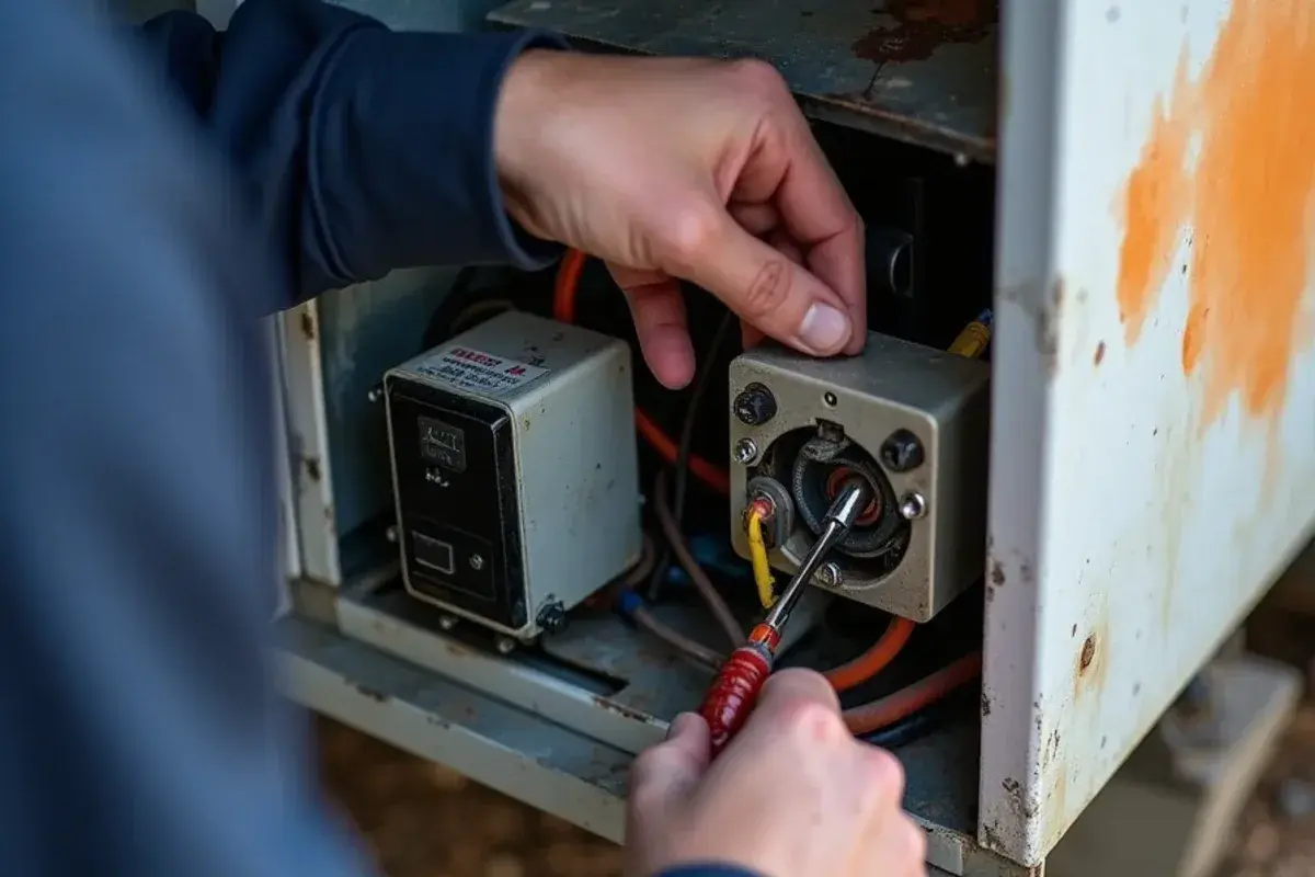 Sequencer and high-limit switch mounted on an electric heat kit during heater repair in Starr County