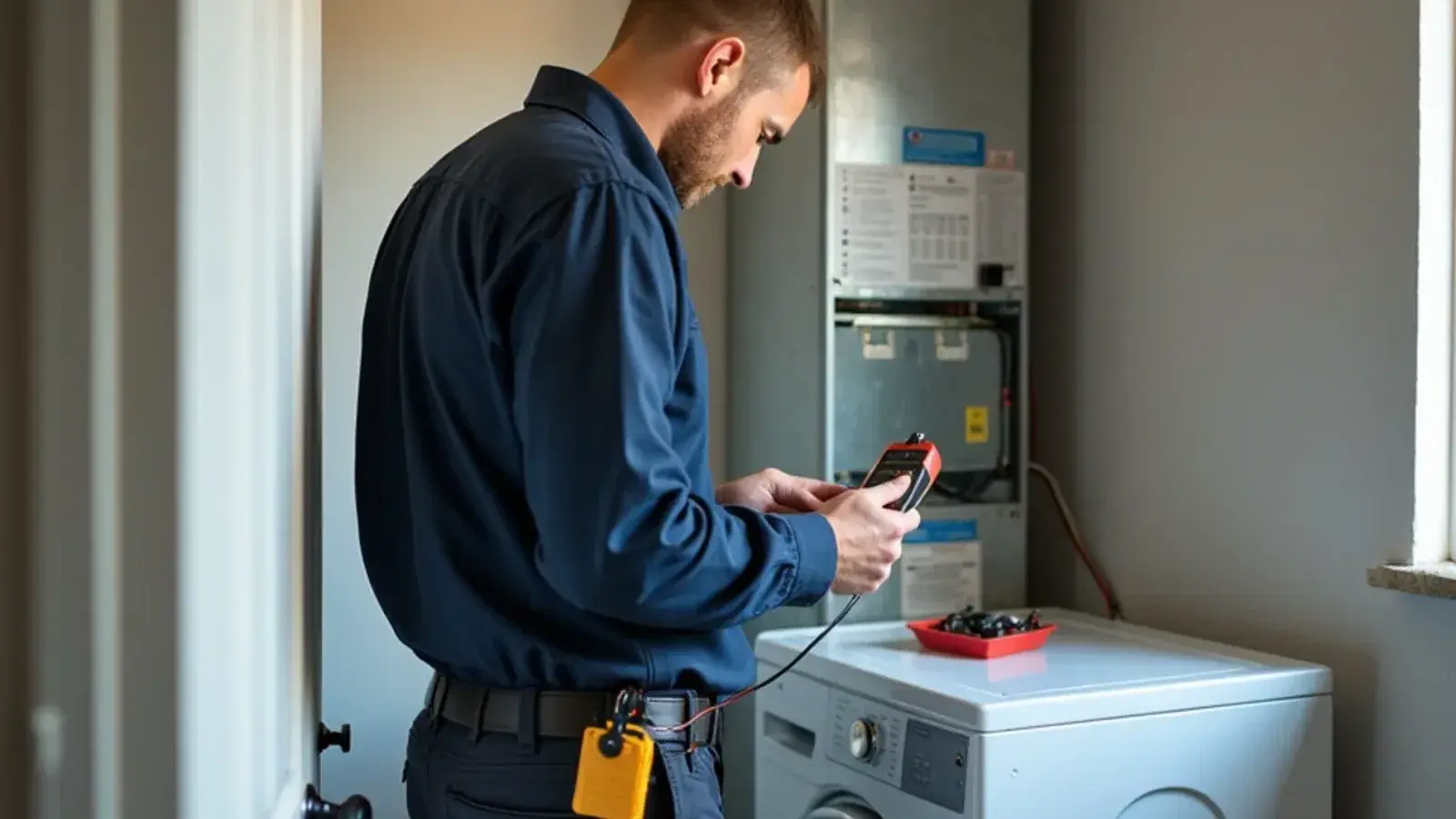 Technician testing a heat strip element with a multimeter during heater repair in Rio Grande City, TX