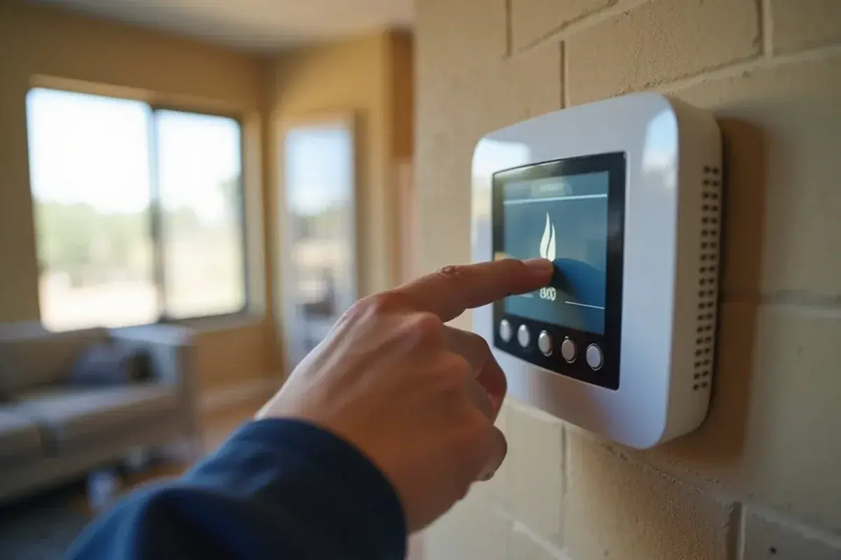 Hand adjusting a wall thermostat between heat and emergency heat in a Rio Grande City living room