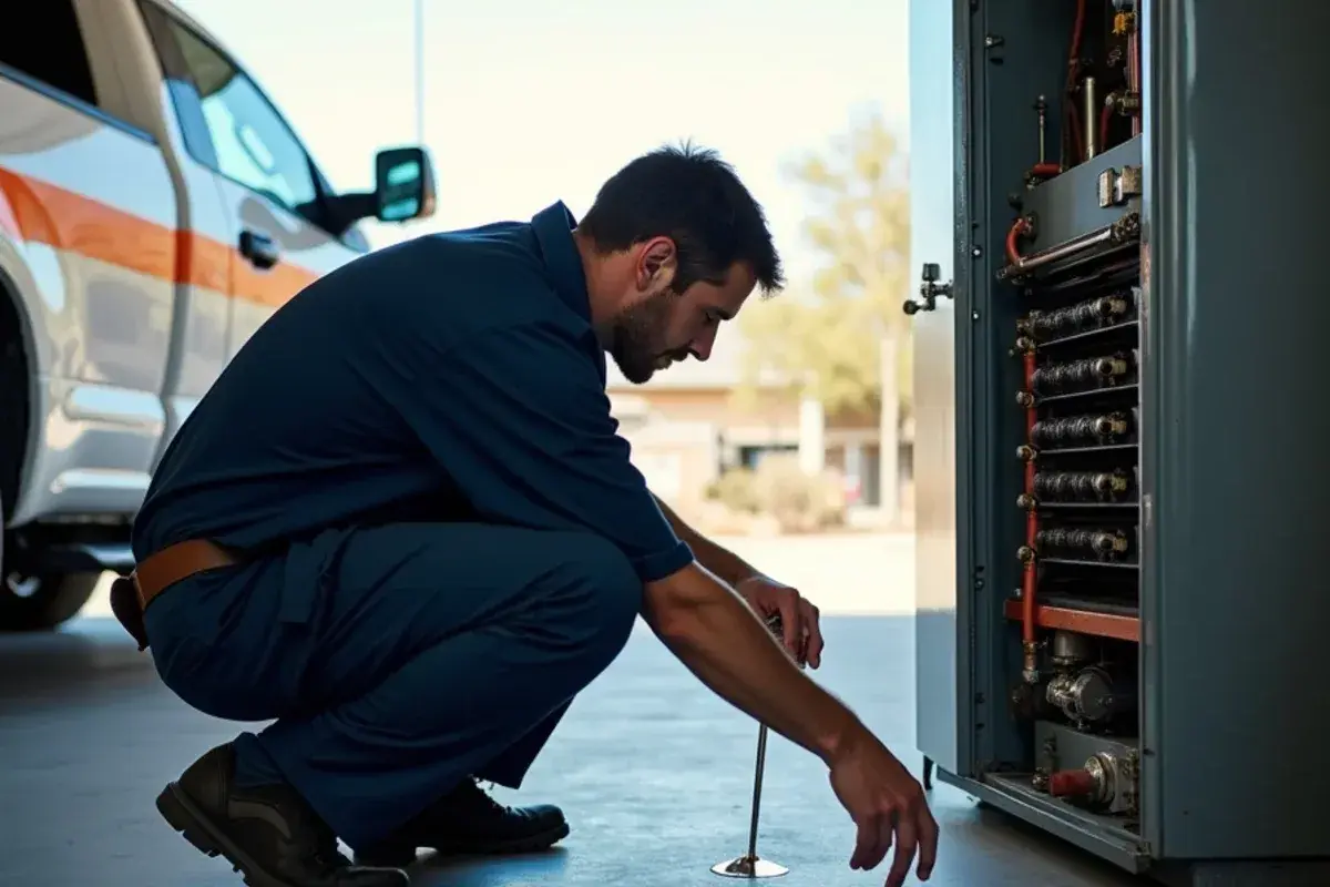 Technician checking the burners and flame sensor of a gas furnace in a Starr County home