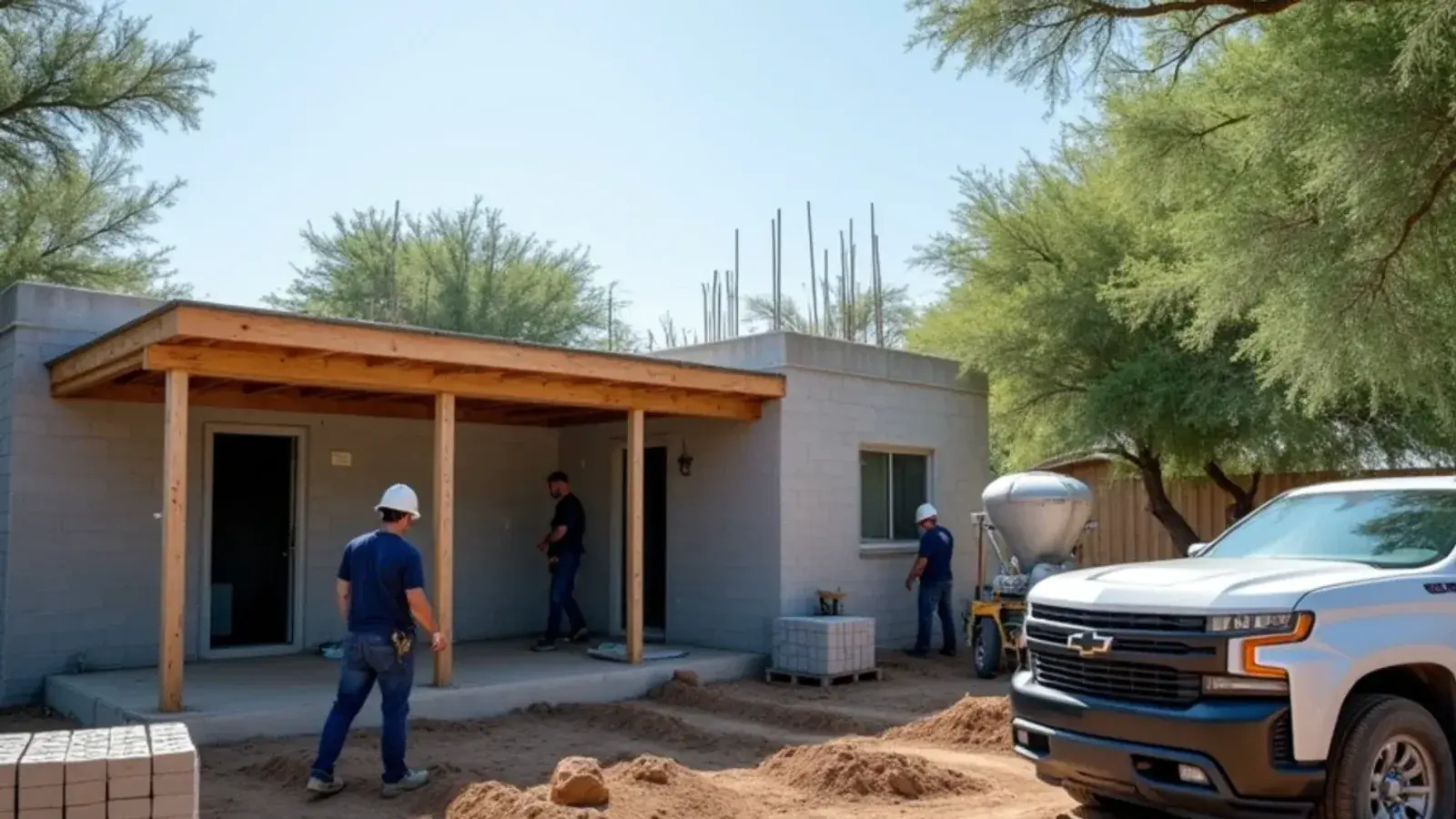 Concrete block room addition rising beside an existing home in Rio Grande City, TX