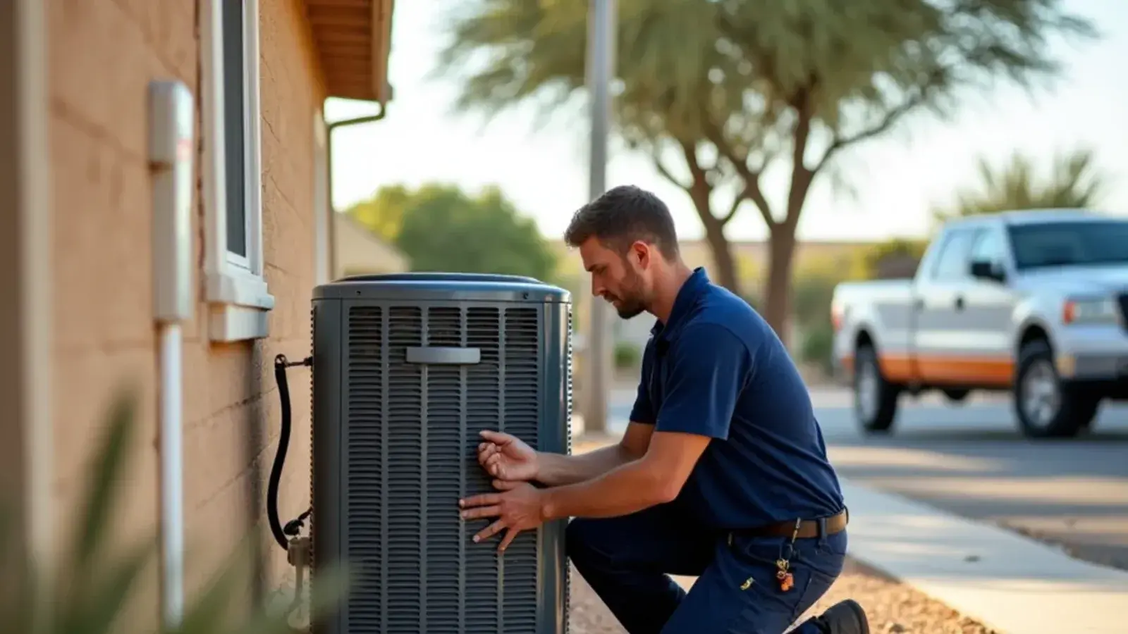 HVAC technician servicing an outdoor AC condenser beside a stucco home in Rio Grande City, TX