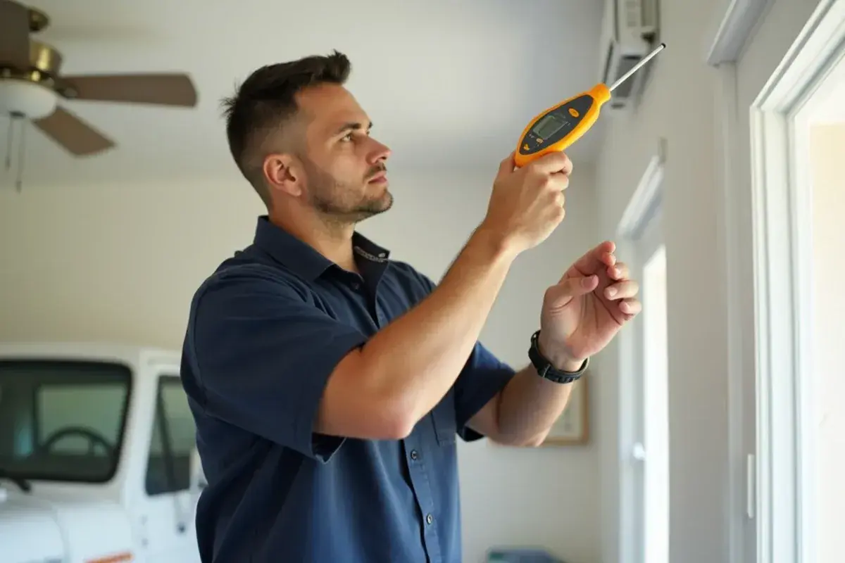 Digital thermometer probe held at a ceiling supply register to measure cooling performance in a Starr County home