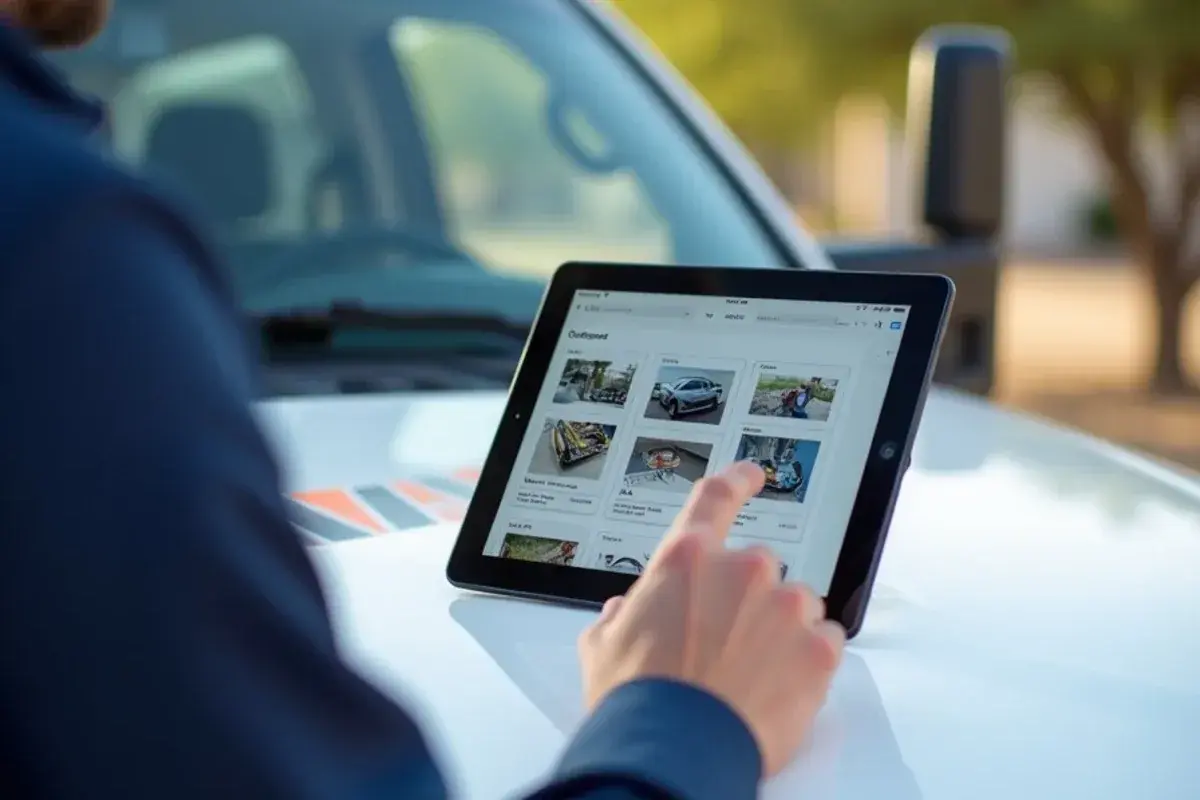 Tablet showing an HVAC inspection report layout with component photos for a Rio Grande City home buyer