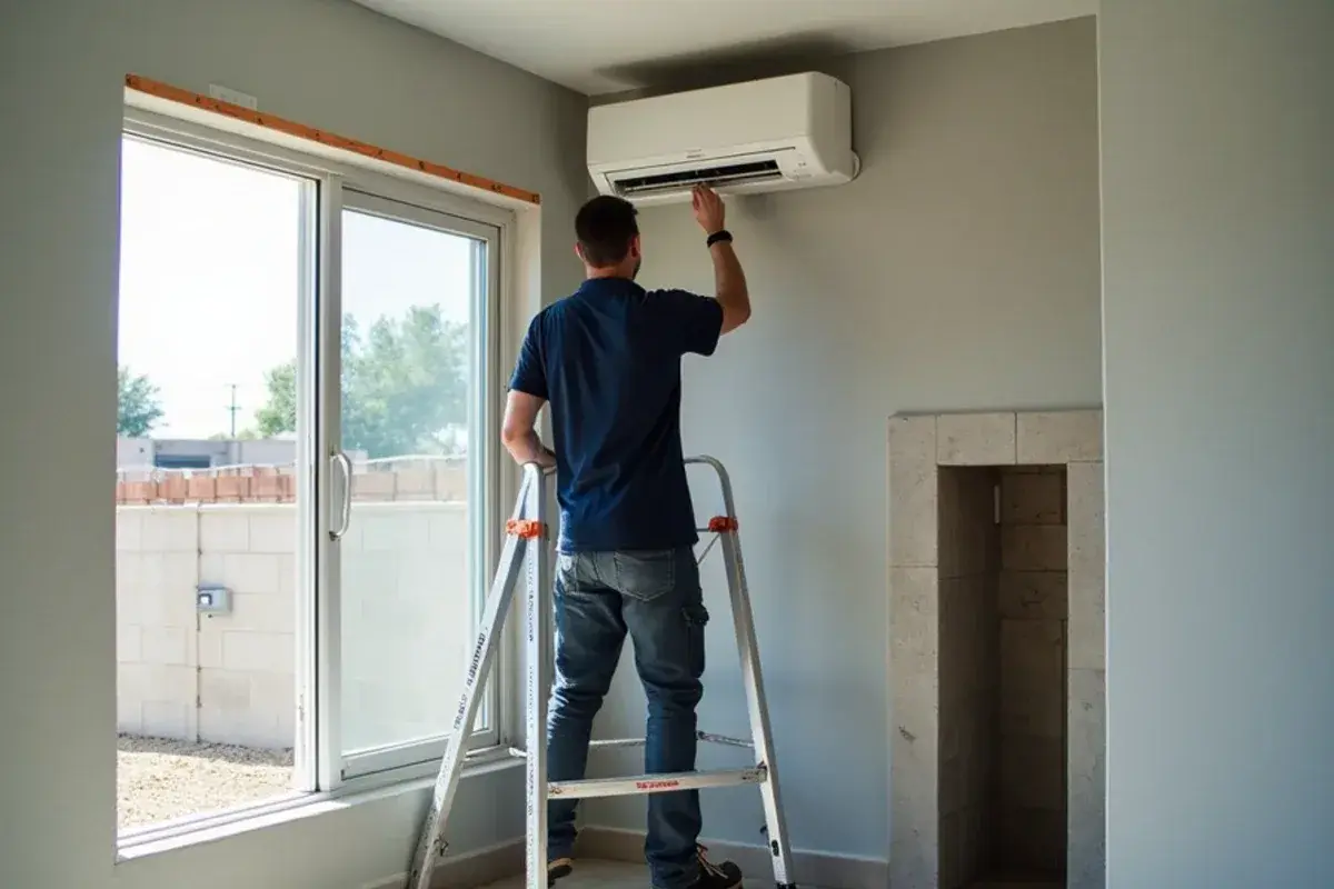 Mini-split indoor head mounted high on the wall of a room addition in a Starr County home