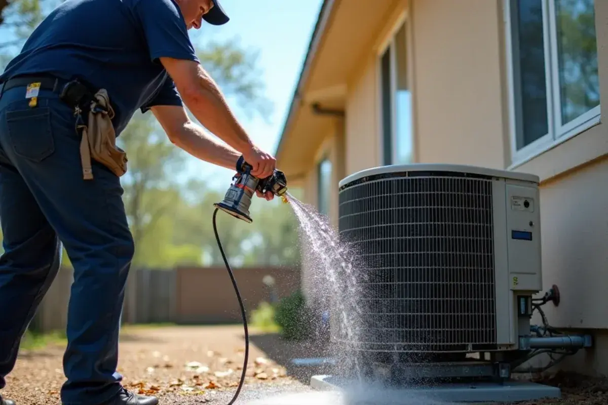 Technician rinsing caliche dust out of an outdoor AC coil during an HVAC service visit in Rio Grande City
