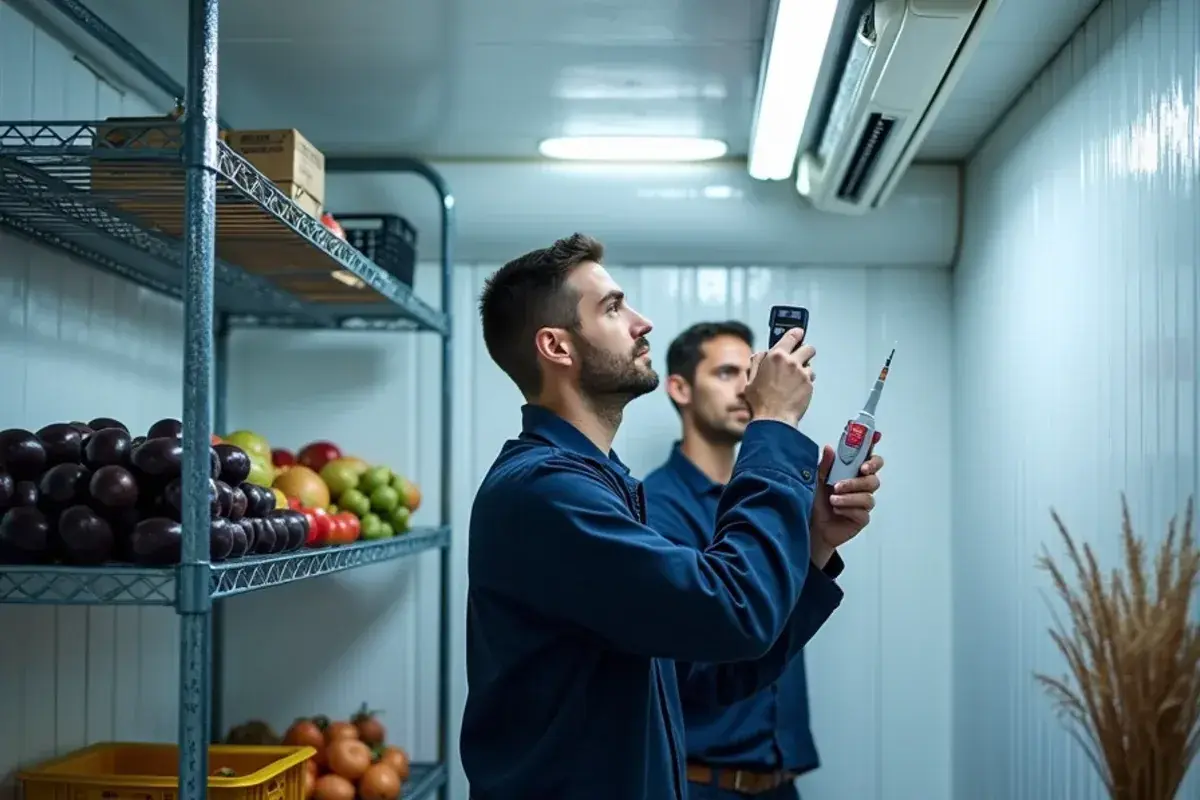 Technician checking the cooling unit of a small walk-in cold room at a Starr County business