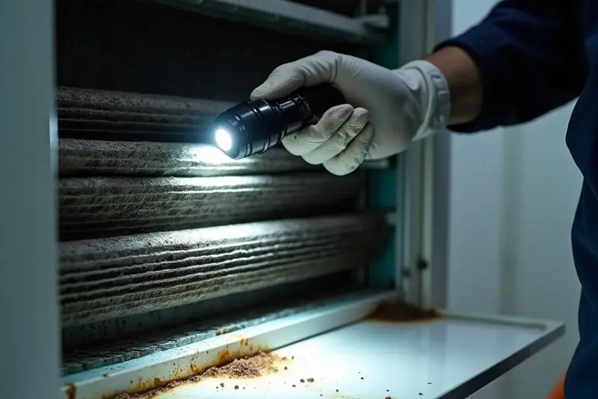 Flashlight on dark growth along an evaporator coil and drain pan inside an air handler