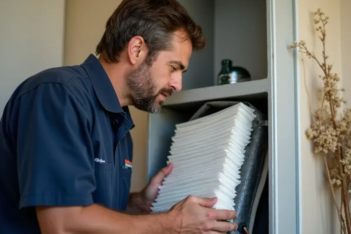 Thick media air filter slid into a cabinet mounted on the return side of an air handler