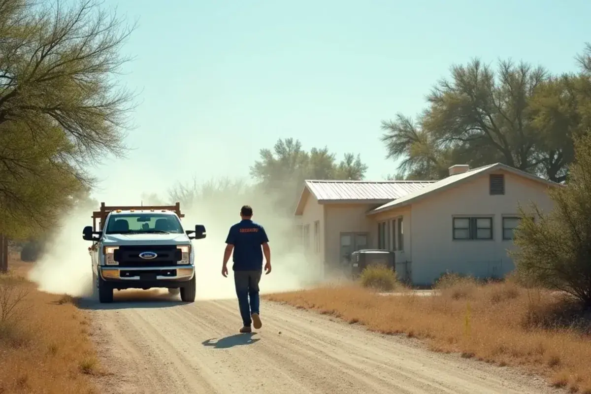 Pale caliche dust rising from an unpaved road beside a block home with a central AC condenser