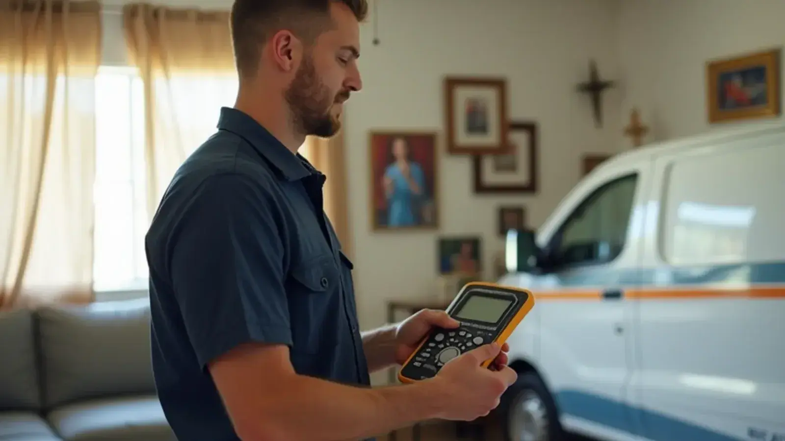 Technician reading a digital hygrometer next to a living room return grille in a Rio Grande City home