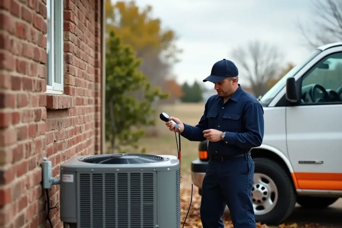 Fall maintenance check on a heat pump outdoor unit with gauges attached at a Rio Grande City home