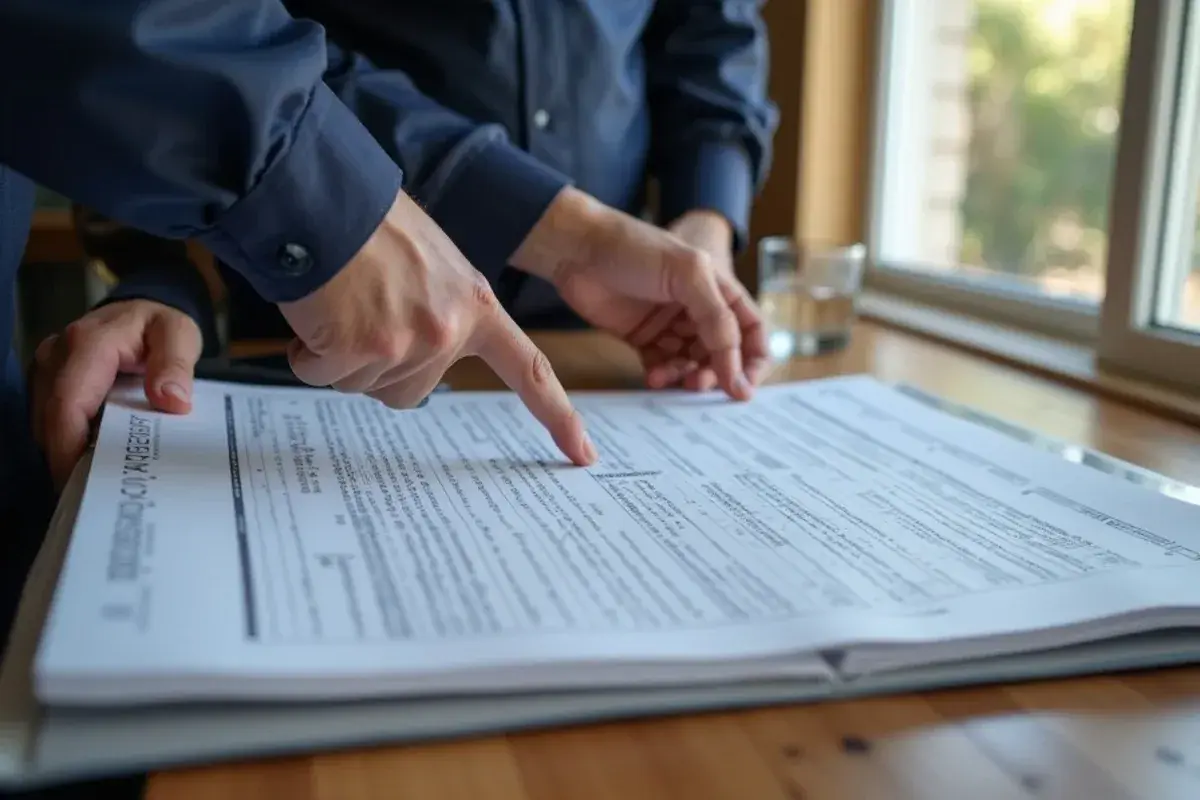 Homeowner reviewing dated HVAC service records kept in a folder at a kitchen table in Starr County
