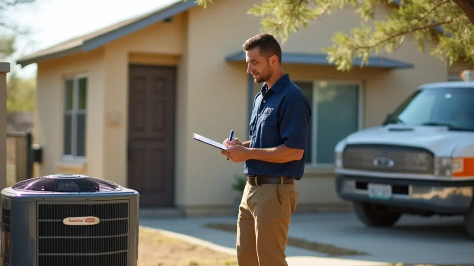Technician writing service notes on a clipboard beside a condenser at a home in Rio Grande City, TX