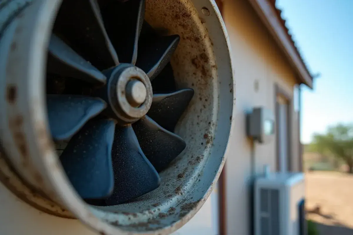 Close view of a mini-split blower wheel coated with dark buildup before a deep cleaning in Starr County