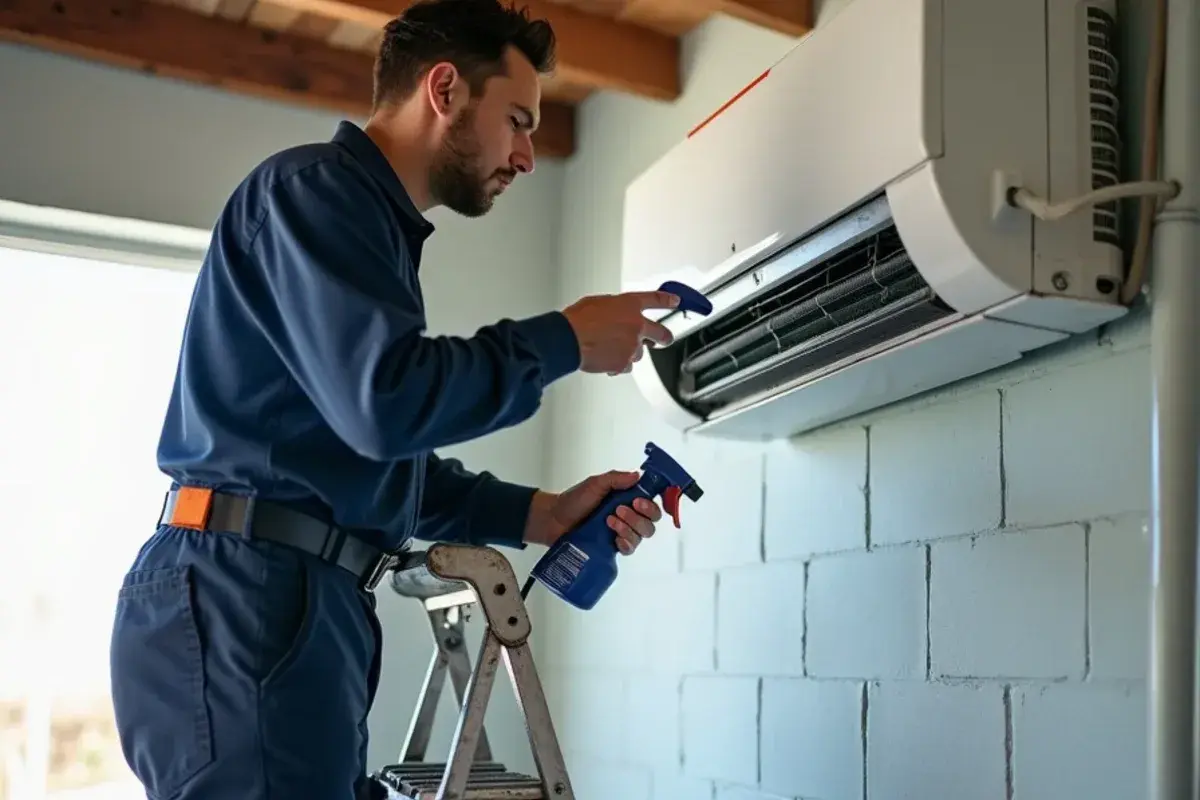 Technician spraying coil cleaner onto the indoor coil of a ductless head during a mini split deep cleaning