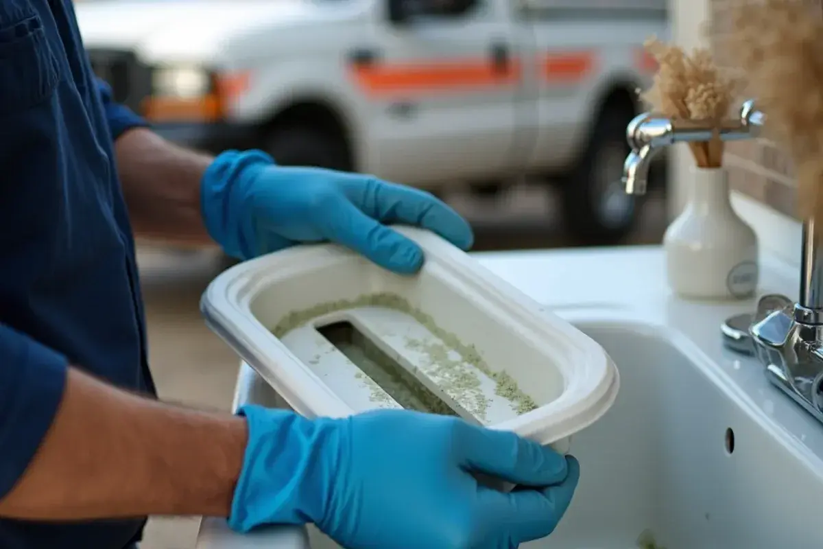 Drain pan removed from a mini-split head showing slime buildup before cleaning in Rio Grande City