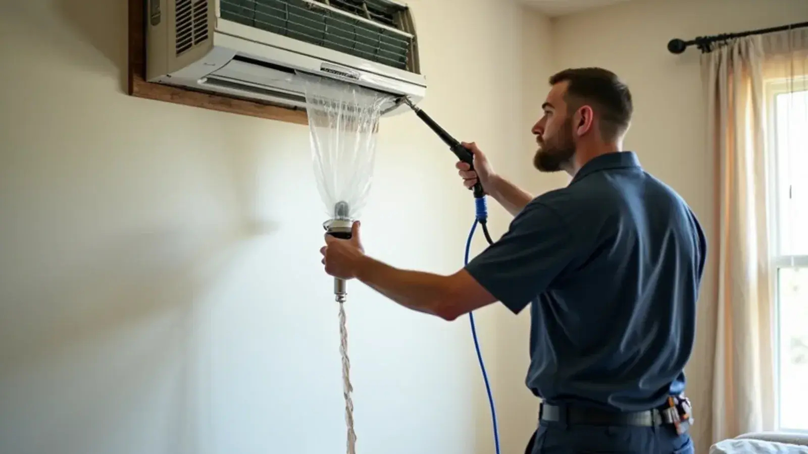 Cleaning bag fitted under a wall-mounted head catching dark rinse water during mini-split cleaning in Rio Grande City, TX