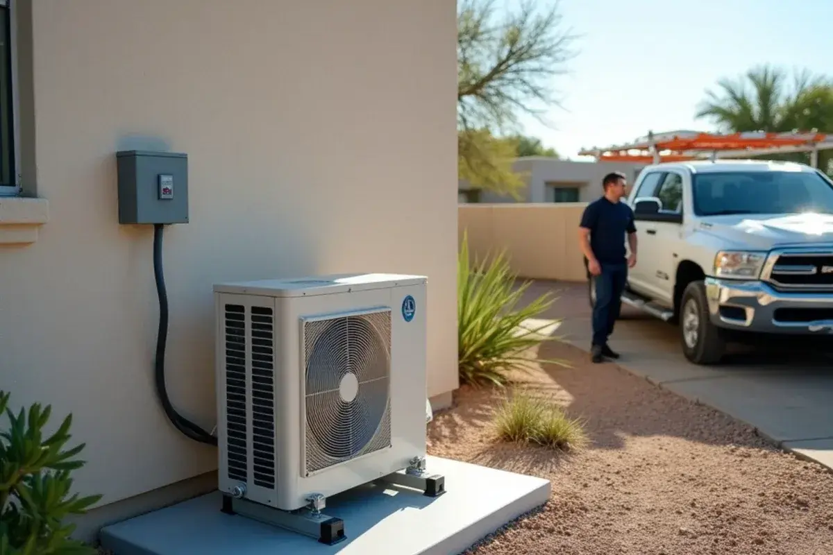 Mini-split outdoor unit set on a fresh concrete pad with clearance from the wall at a Starr County home