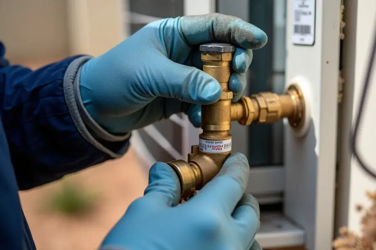 Torque wrench tightening a flared copper line to the service valve of a mini-split outdoor unit