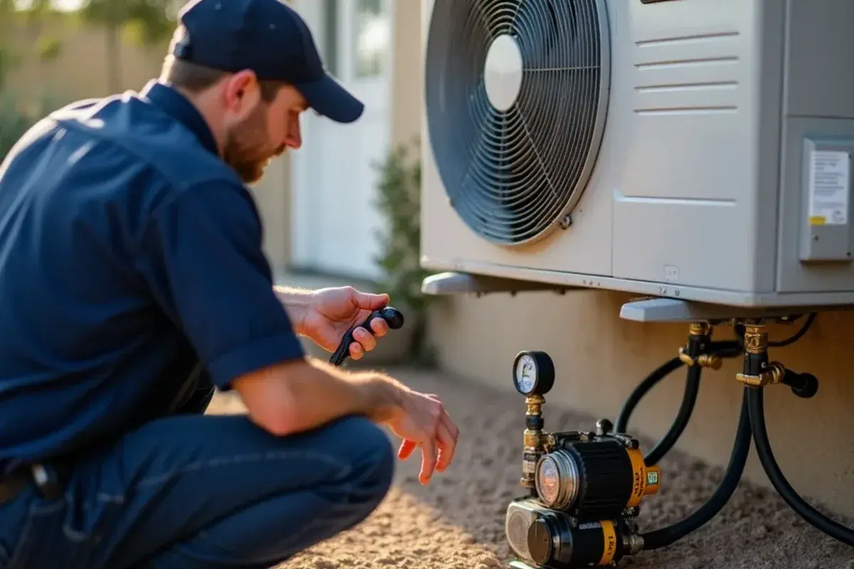Vacuum pump and digital micron gauge connected to a new mini-split line set in Rio Grande City