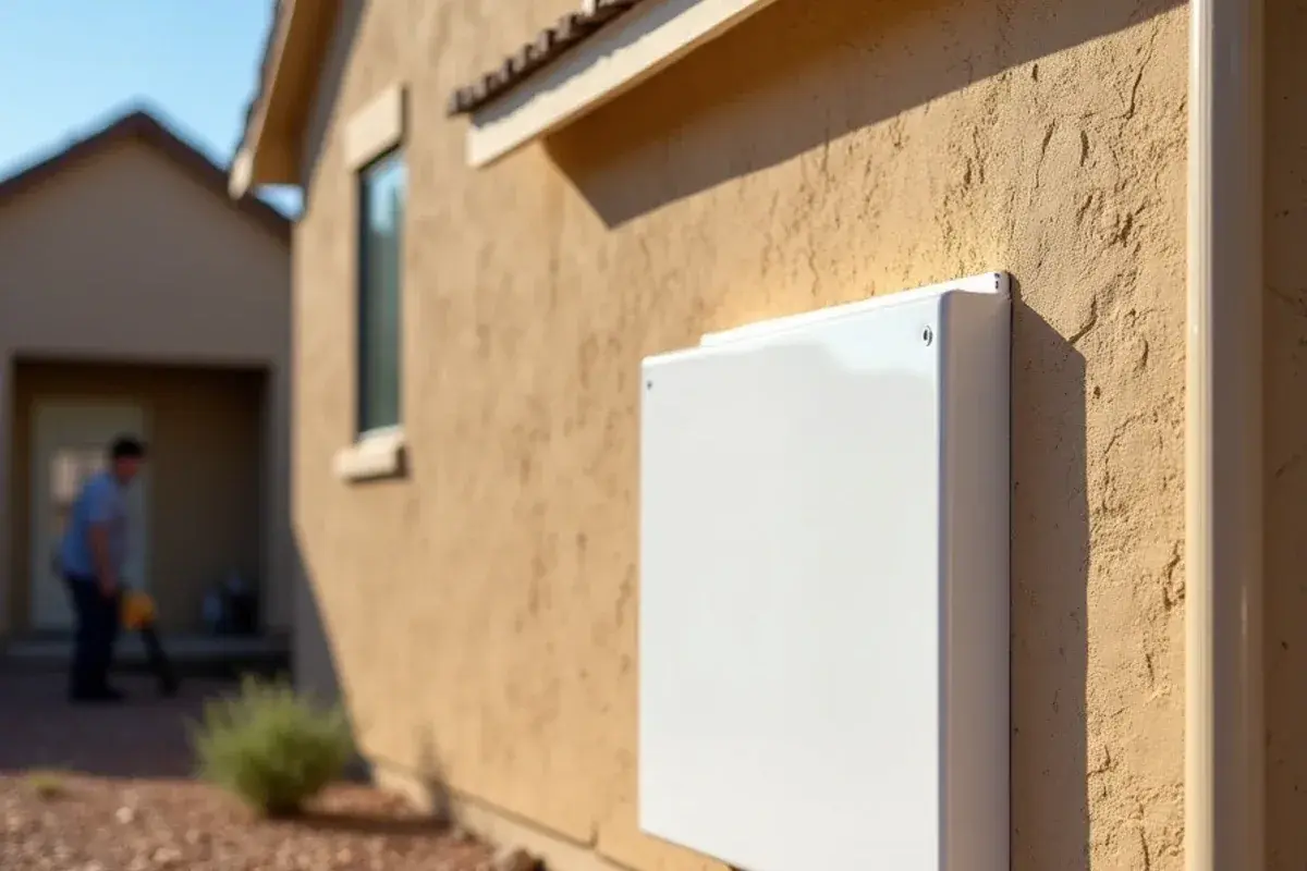 Finished white line-set cover running neatly up an exterior wall from a mini-split condenser