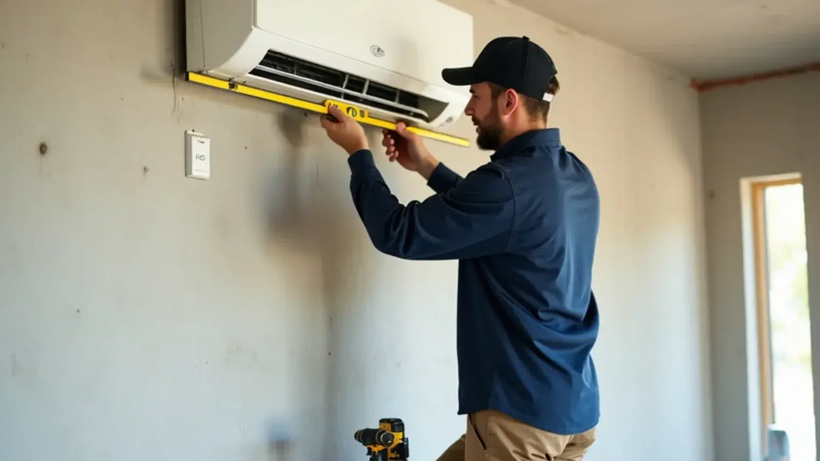 Technician leveling a mini-split mounting plate on a painted block wall during a mini-split installation in Rio Grande City, TX