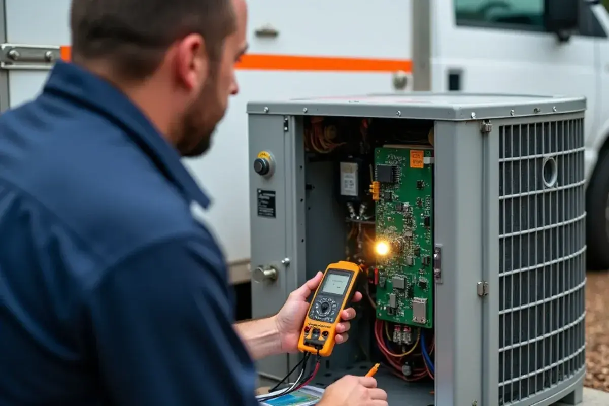 Technician inspecting the inverter control board inside a mini-split outdoor unit after a power surge