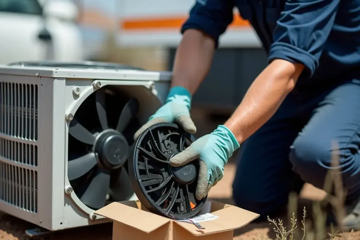 Replacing the fan motor in a mini-split condenser during a repair in Starr County