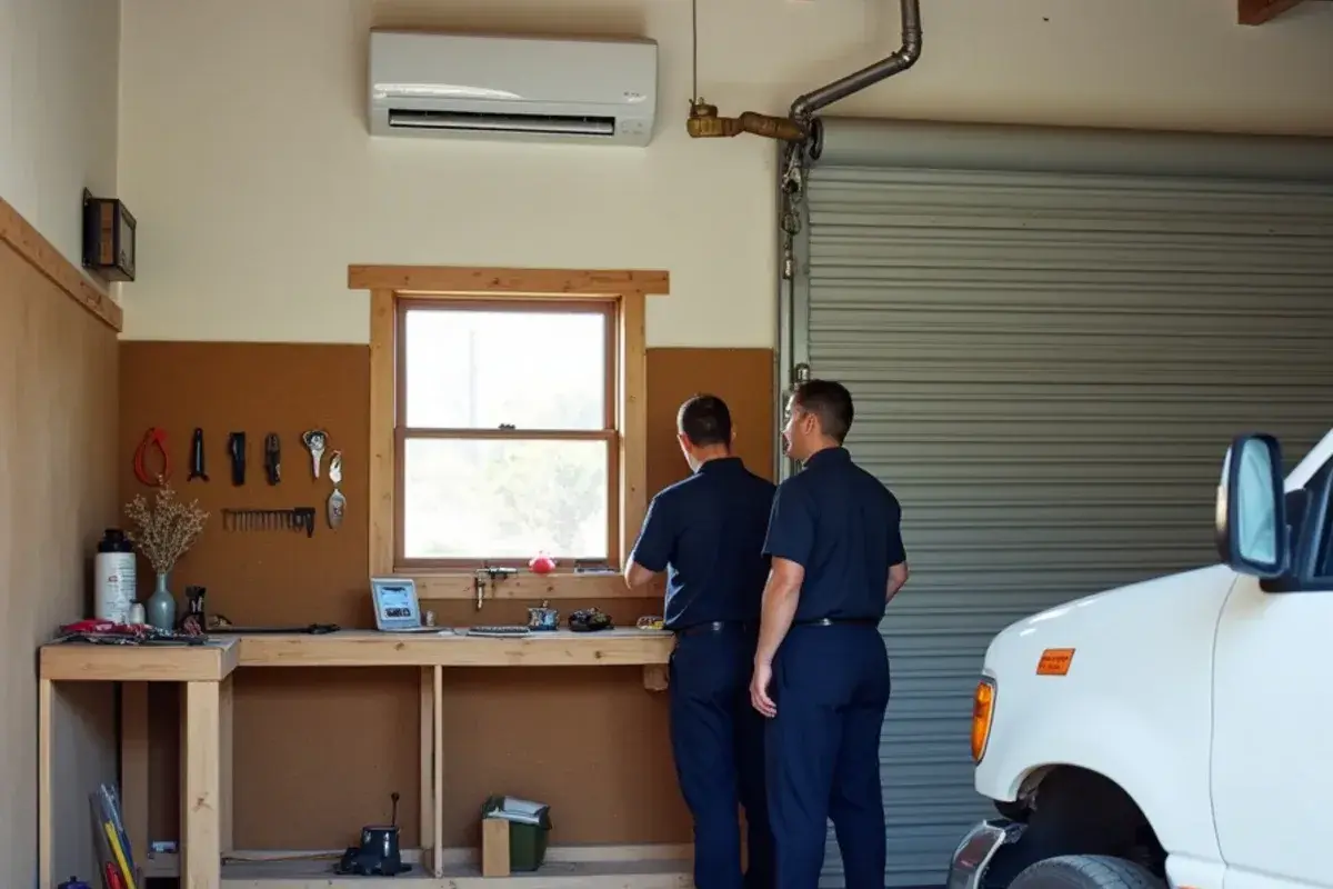 Ductless mini-split head mounted above a workbench in a converted garage workshop in Starr County