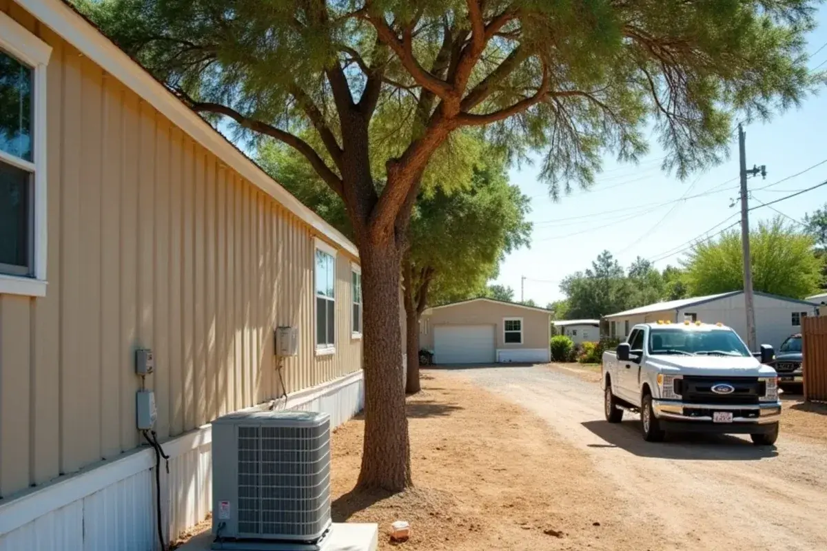Mini-split outdoor unit on a small pad beside a manufactured home with skirting in Rio Grande City
