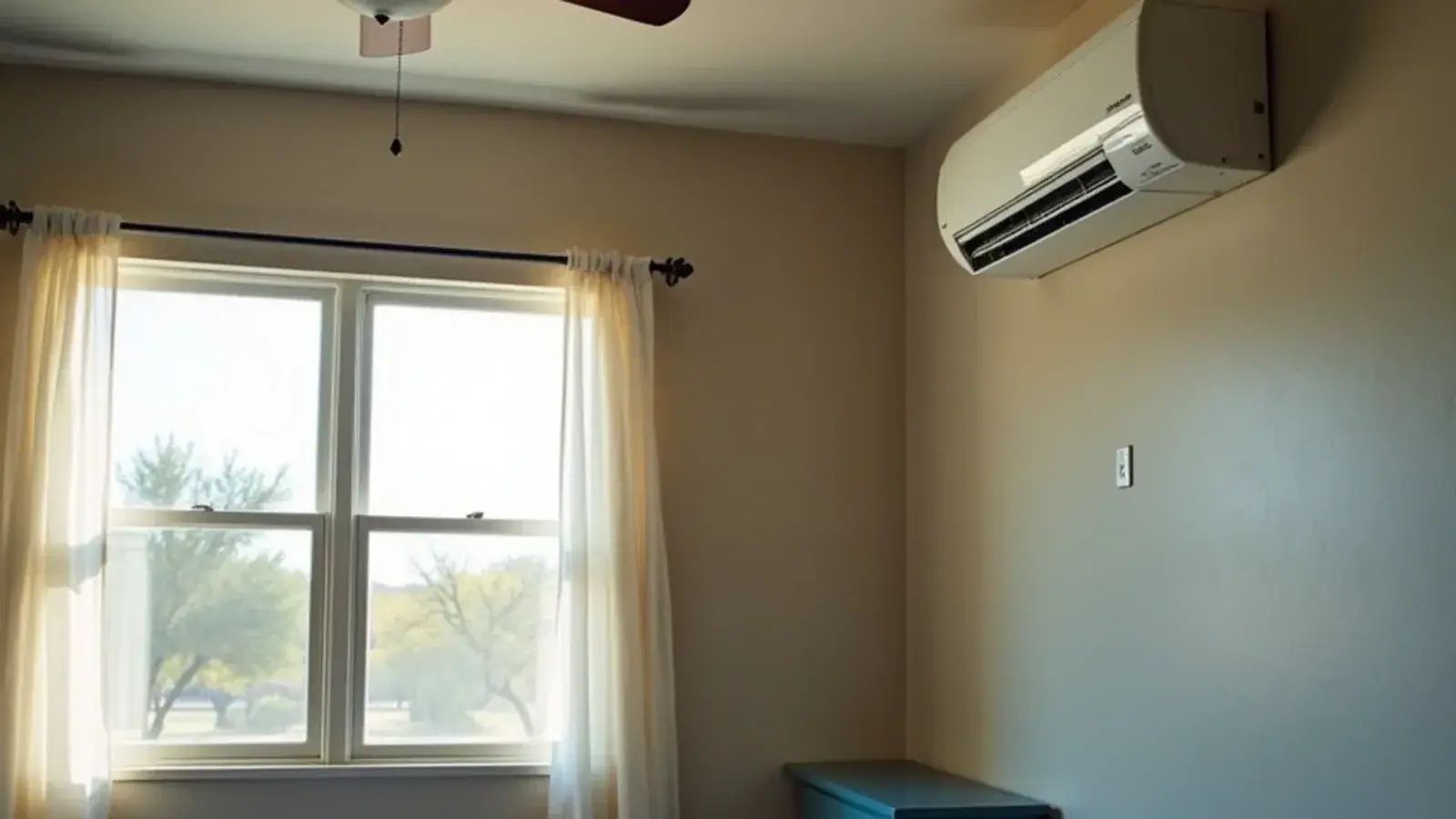 White wall-mounted ductless mini-split head cooling a bedroom in a concrete-block home in Rio Grande City, TX