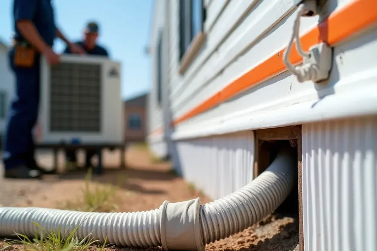 Insulated duct transition from a package AC unit passing through mobile home skirting in Starr County