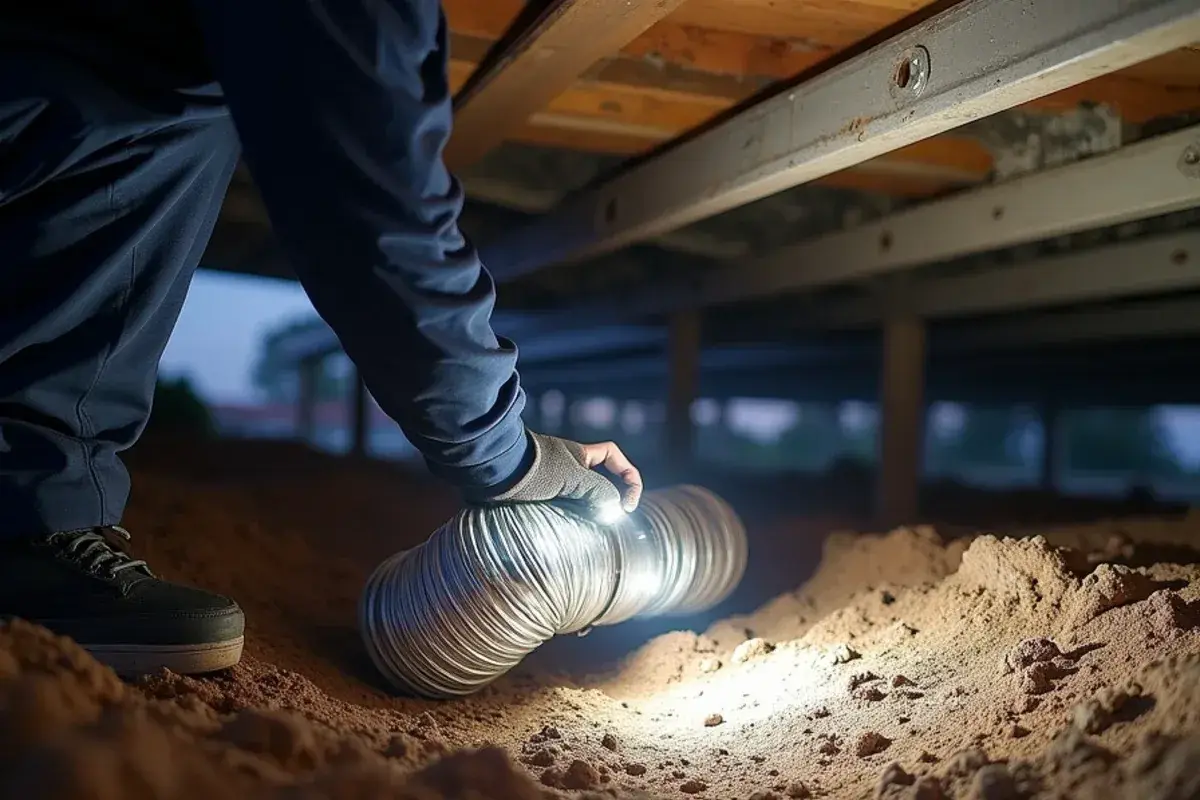 Crushed flex crossover duct lying in the dirt under a double-wide mobile home before belly duct repair