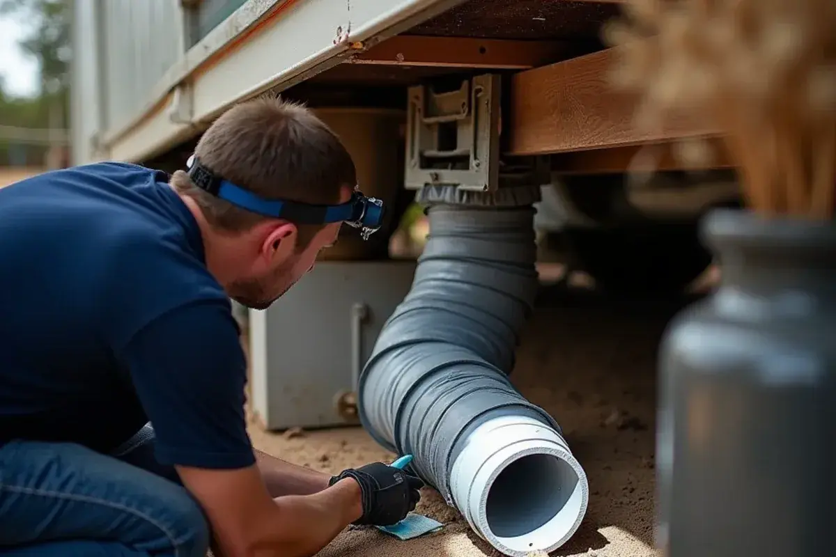 Technician sealing a reconnected belly duct boot with mastic under a manufactured home