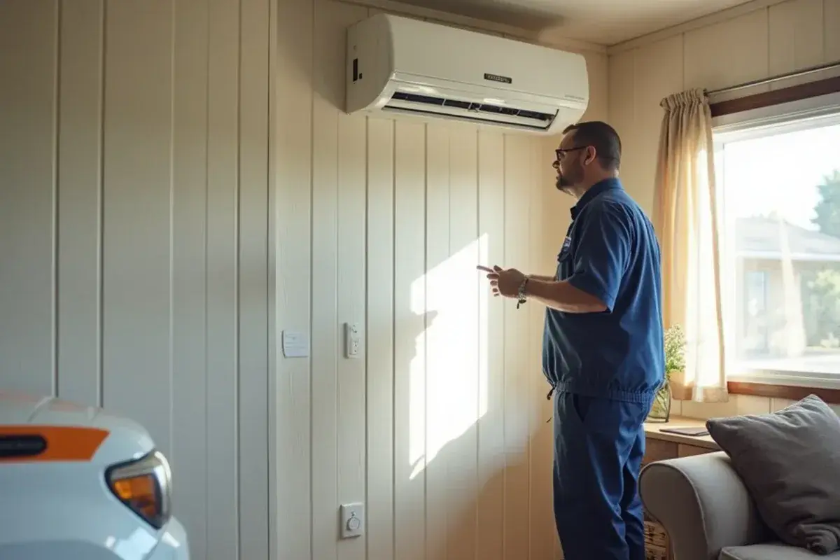 Ductless mini-split head mounted high on the wall of a single-wide mobile home living room in Rio Grande City