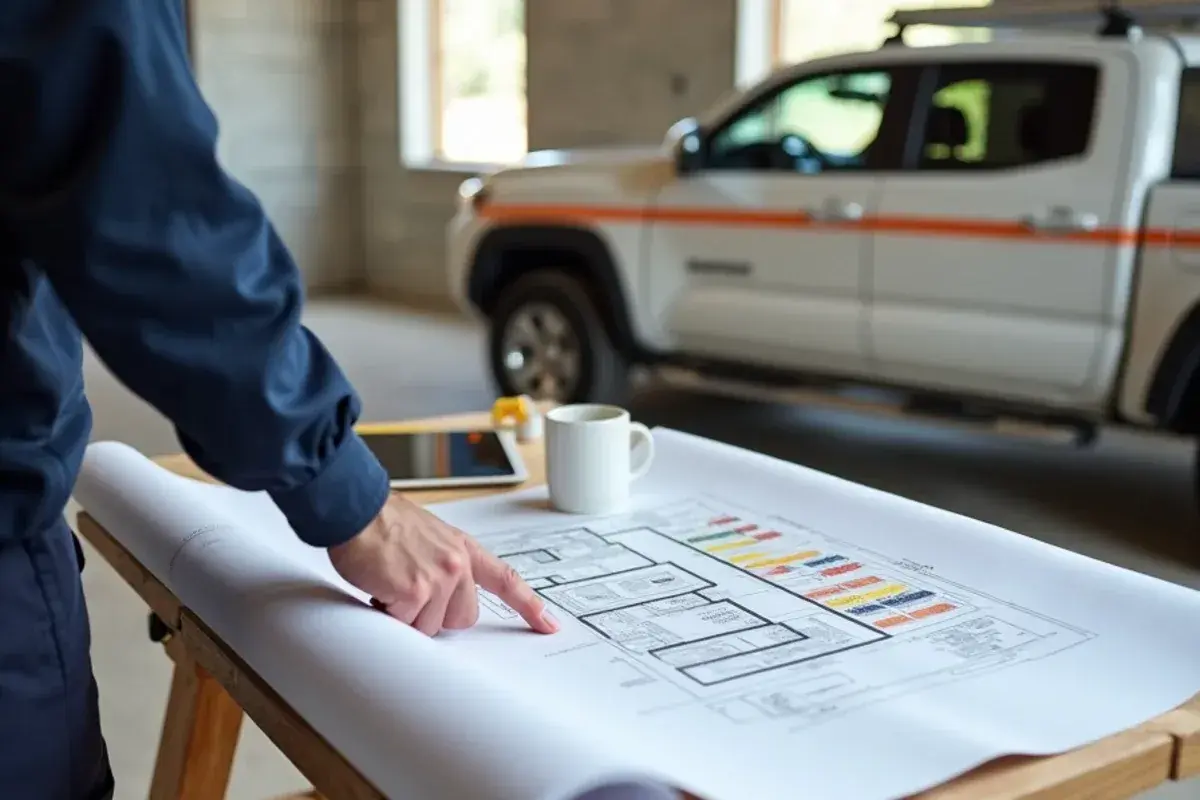 Floor plan and tablet with a load calculation spread on a sawhorse table at a new home site in Starr County