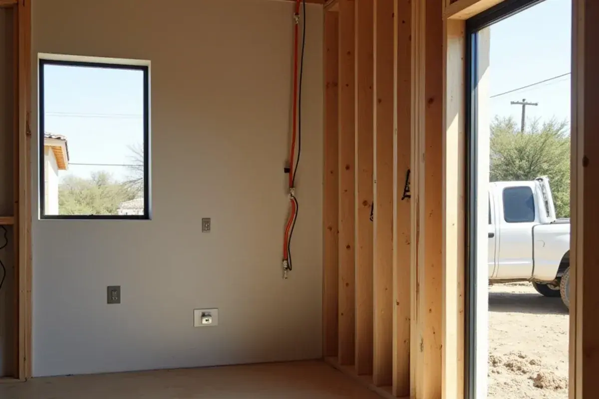 Mini-split line set running through the framing of a new room addition near Rio Grande City